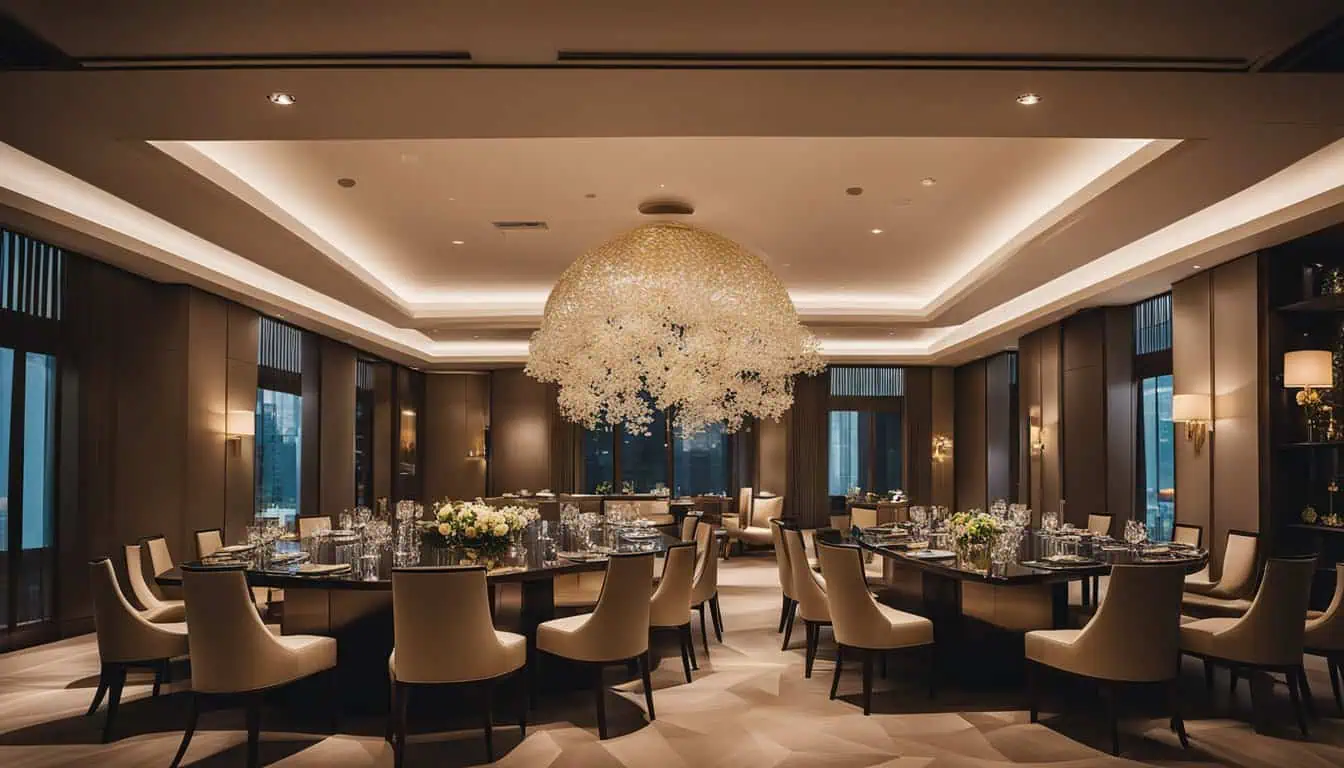 Elegant dining room featuring a chandelier and stylish chairs, perfect for private dining in Singapore.