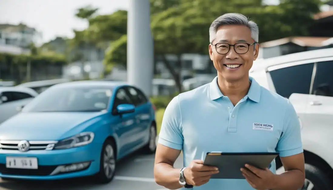 A smiling man stands in front of his car, holding a clipboard, representing the best private driving instructors in Singapore.