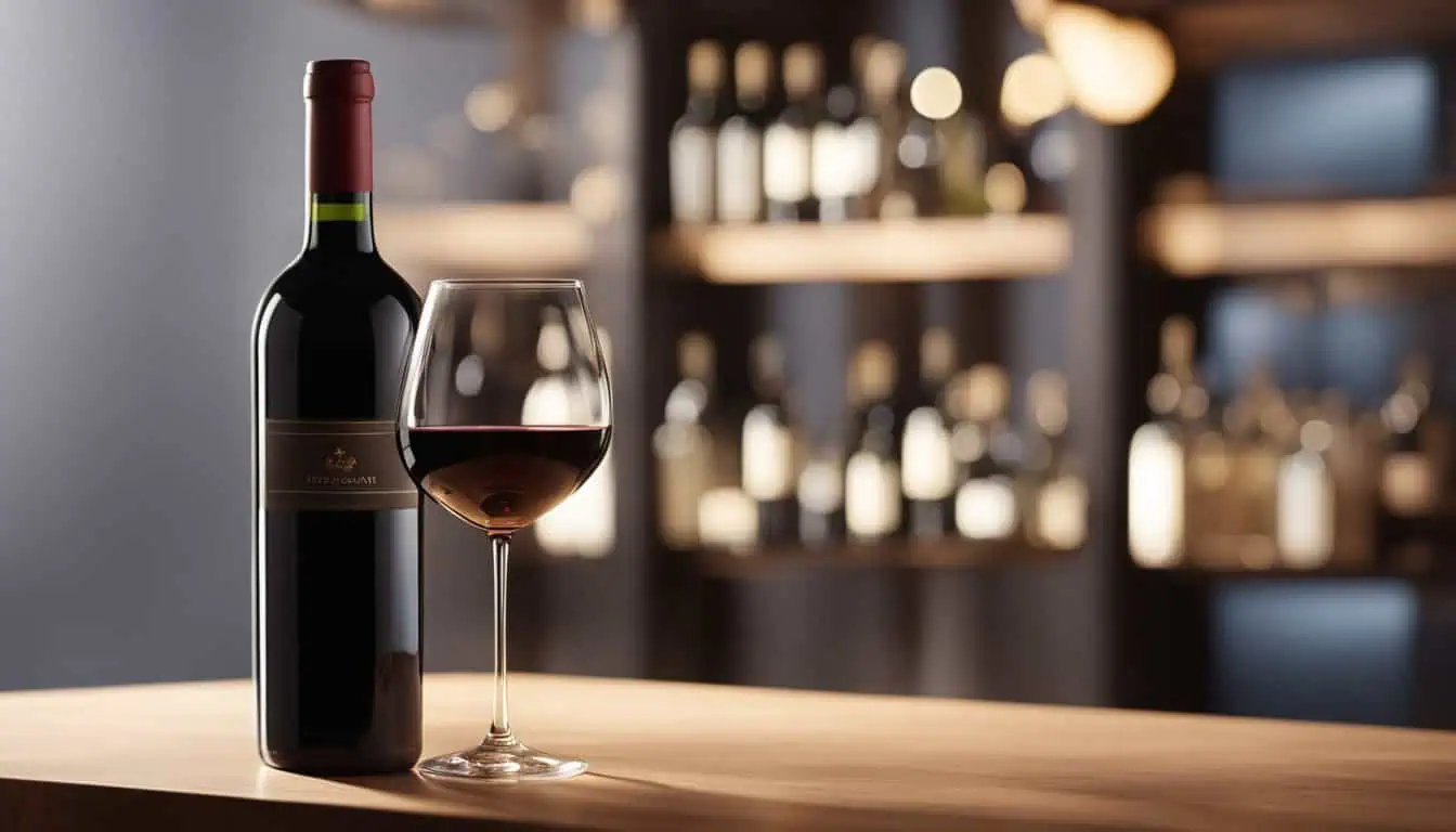 A bottle of red wine and a glass elegantly placed on a table, showcasing the ambiance of Singapore's best wine bars.