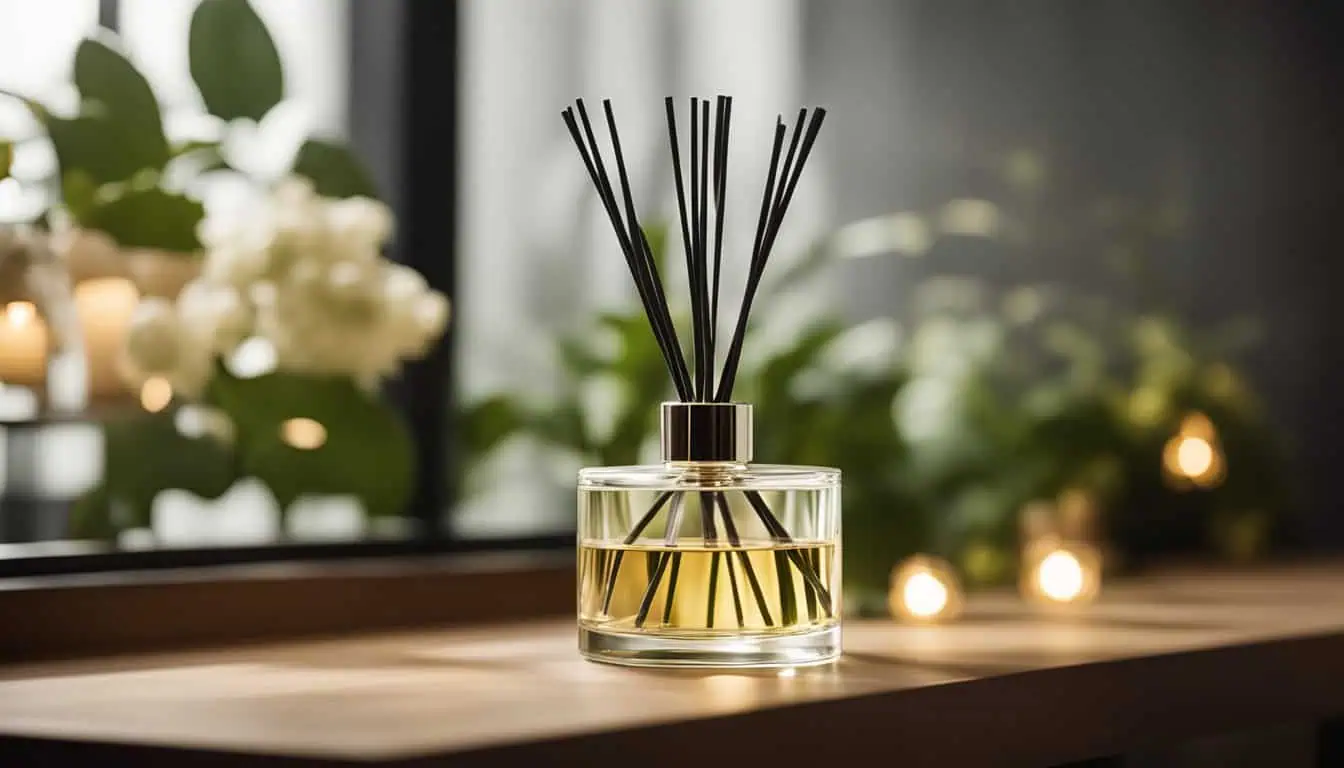 A stylish reed diffuser on a table, with sunlight filtering through a window, enhancing the ambiance of the room.