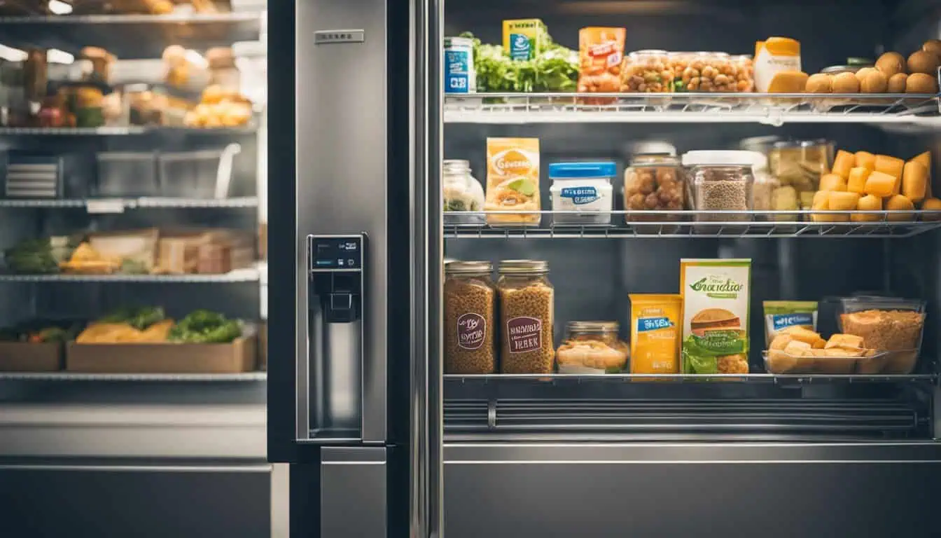 A refrigerator door ajar, revealing a variety of food items, highlighting top refrigerator stores in Singapore.