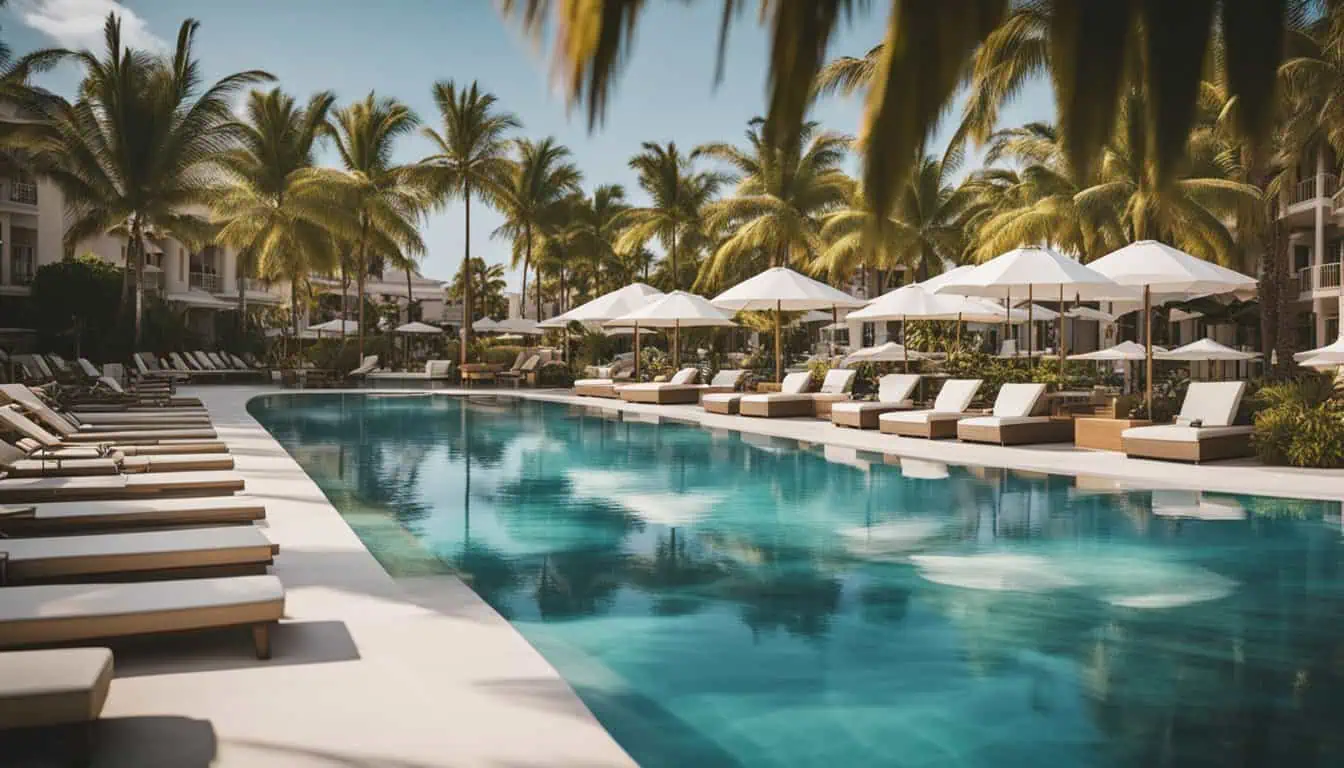 A serene poolside scene featuring lounge chairs and umbrellas at a luxurious resort in Singapore.