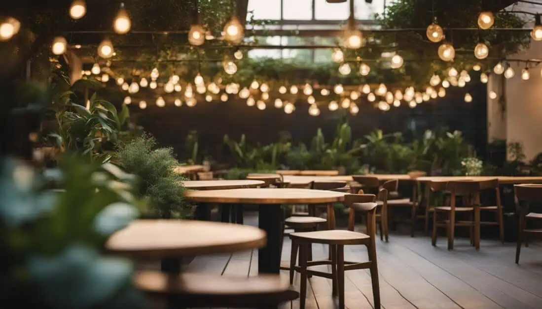 A cozy restaurant interior featuring neatly arranged tables and chairs, showcasing the best dining spots in Ion Orchards