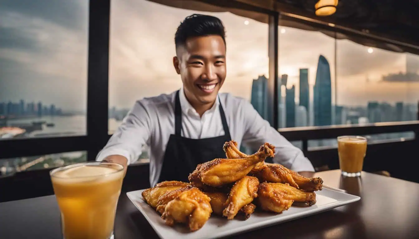 A chef proudly presents a plate of fried chicken at the best restaurant for chicken wings in Singapore.