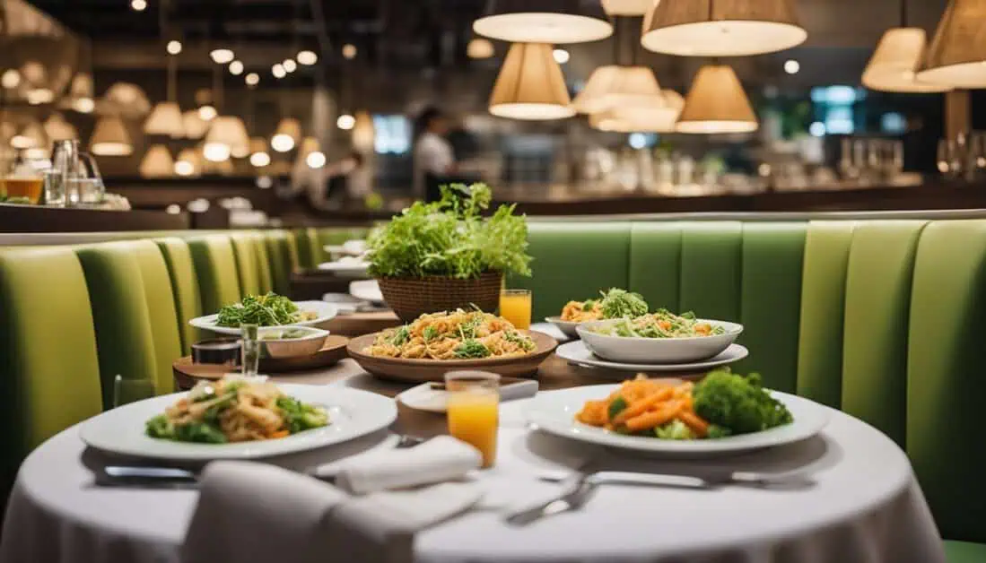 A beautifully arranged table featuring plates of healthy food and drinks at the best restaurant in Singapore.