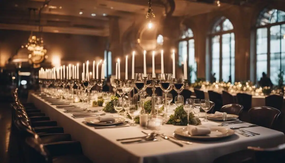 A long dining table adorned with candles and elegant place settings, perfect for group dinners in Singapore's top restaurants.