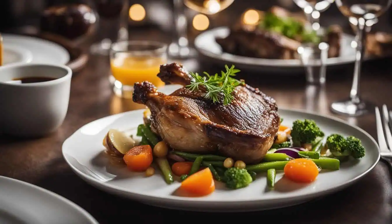 An elegant plate of duck confit accompanied by colorful vegetables, representing top dining options in Singapore.