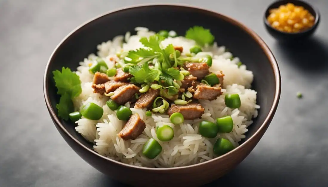 A bowl of rice topped with meat and green peas, showcasing a delicious dish from the best restaurants in Amoy Street, Singapore.