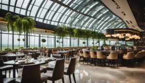 A view of the Marriott Hotel restaurant in Singapore, showcasing its elegant dining atmosphere and modern decor.