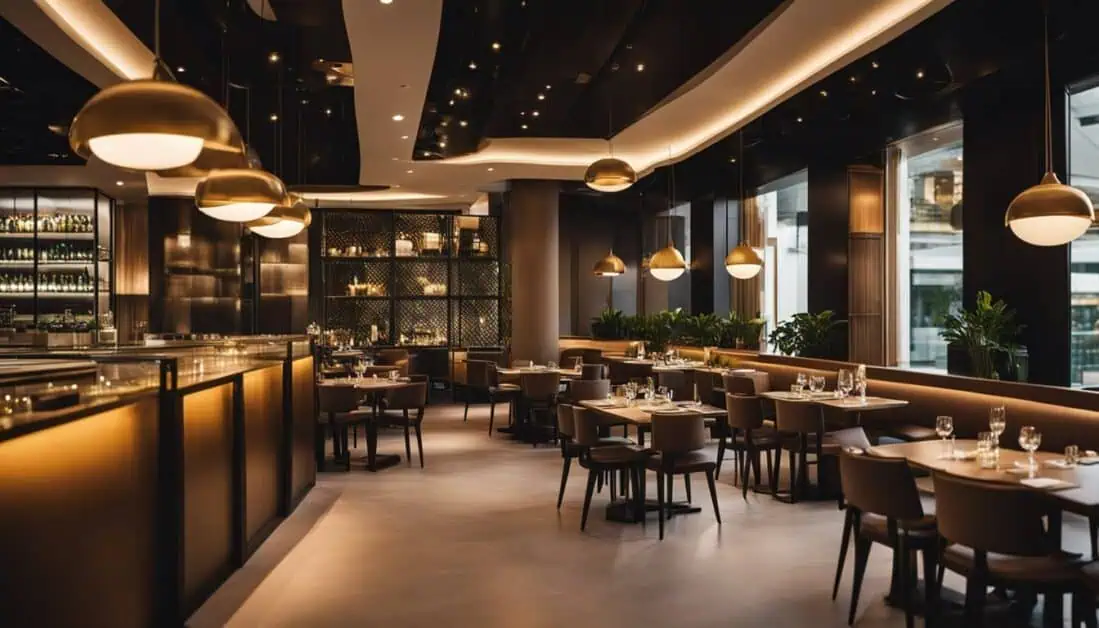 A stylish restaurant interior with black walls and wooden tables, highlighting the ambiance of Club Street, Singapore.