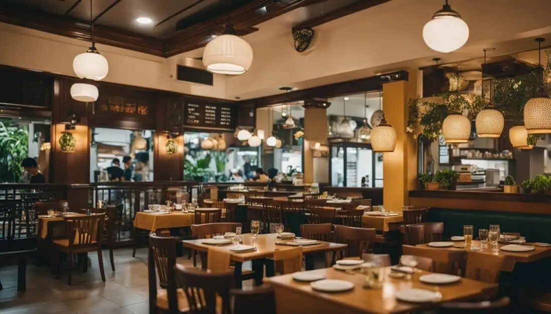 A cozy restaurant in Joo Chiat, Singapore, featuring neatly arranged tables and chairs for dining.