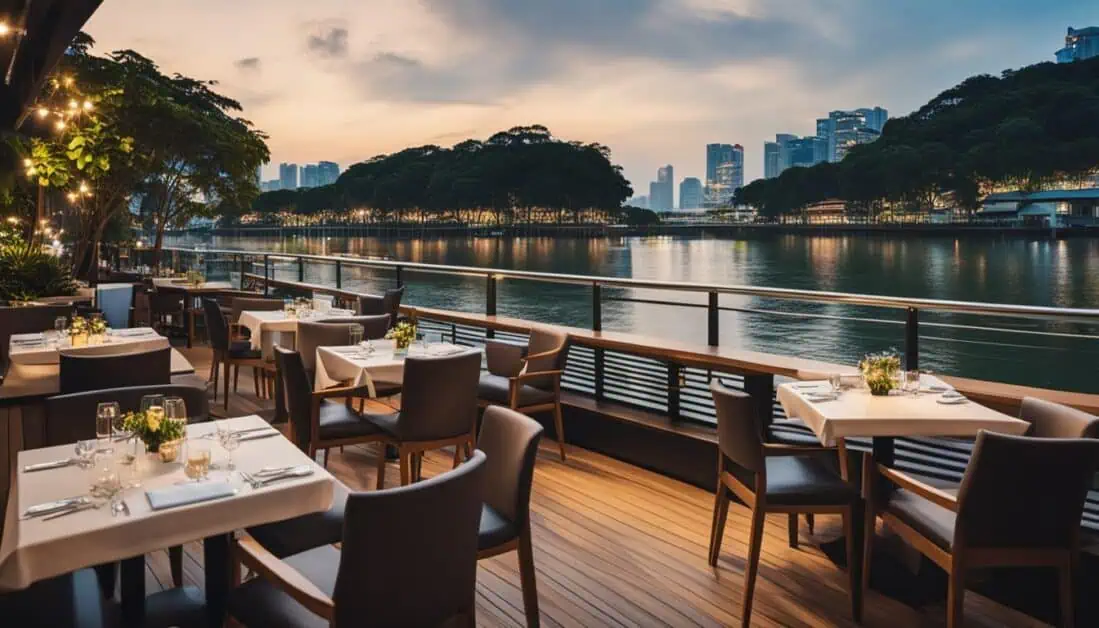 Sunset view of the Marina Bay Hotel restaurant, showcasing a serene dining atmosphere in Robertson Quay, Singapore.