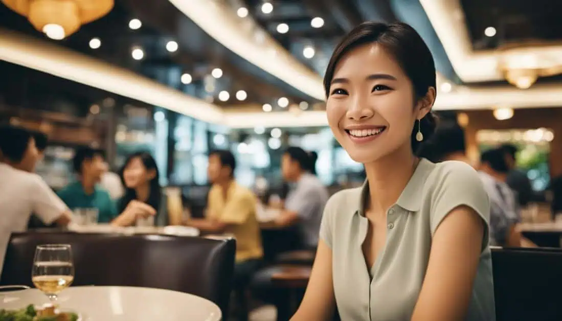A woman smiling joyfully while dining at one of the best restaurants in Singapore.