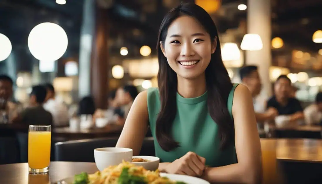 A woman enjoying a meal at a table in one of Orchard Road's finest restaurants in Singapore.