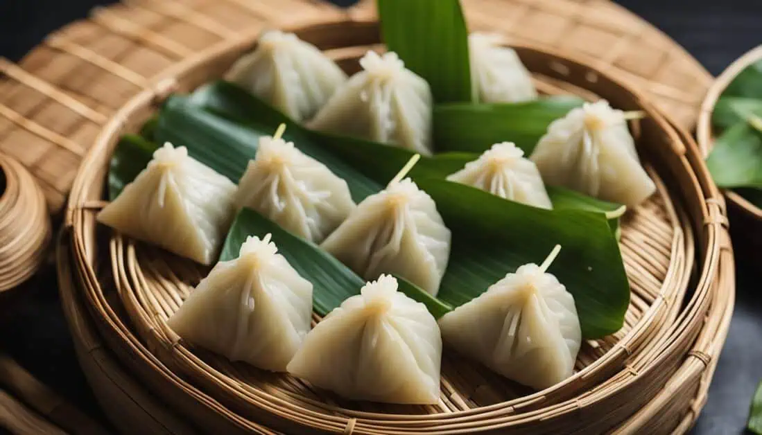 A bamboo basket filled with rice dumplings and fresh leaves, showcasing the best dumplings in Singapore.
