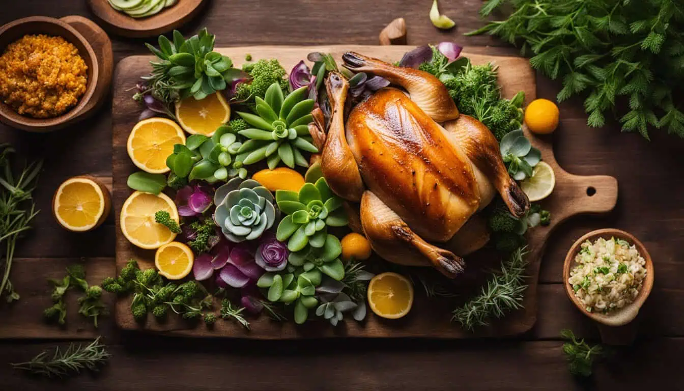 Roasted duck adorned with vegetables and herbs, elegantly presented on a wooden cutting board.