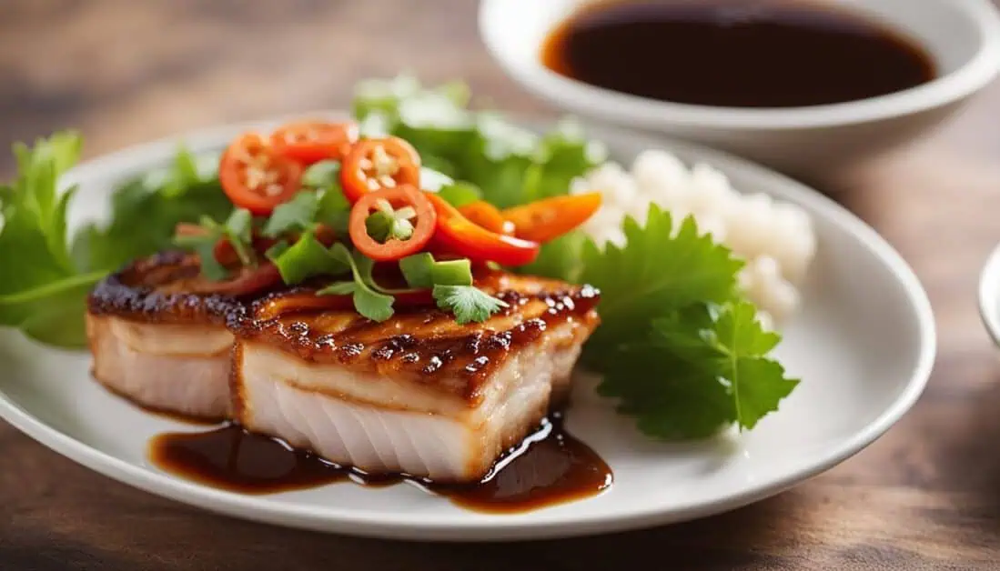 A serving of roasted pork on a plate, garnished with a variety of fresh vegetables for a balanced meal.