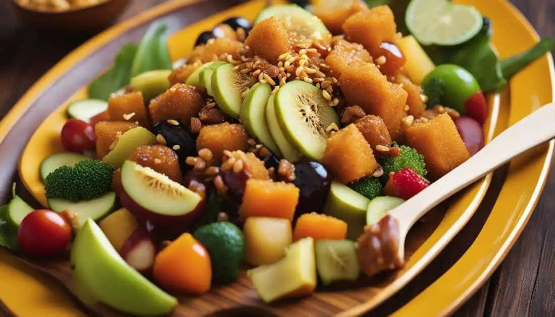A vibrant plate of fruit salad topped with nuts, showcasing the best Rojak in Singapore.