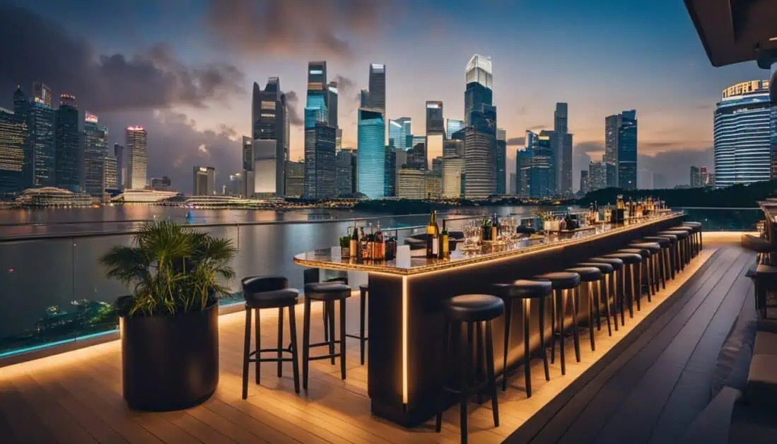 A stunning view of the Marina Bay Sands rooftop bar, showcasing the skyline of Singapore at sunset.