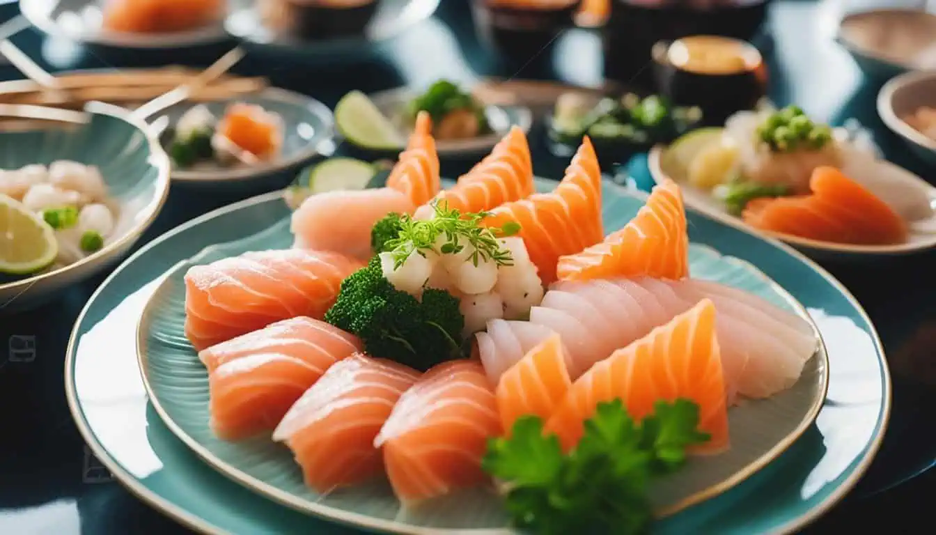 A plate of sashimi artfully presented with additional dishes, representing the finest sashimi buffet experiences in Singapore.