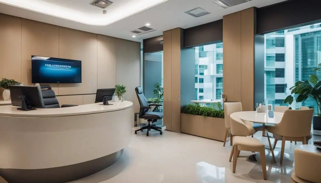 A contemporary office featuring a reception desk and seating area, ideal for welcoming clients in Singapore's scalp treatment clinics.