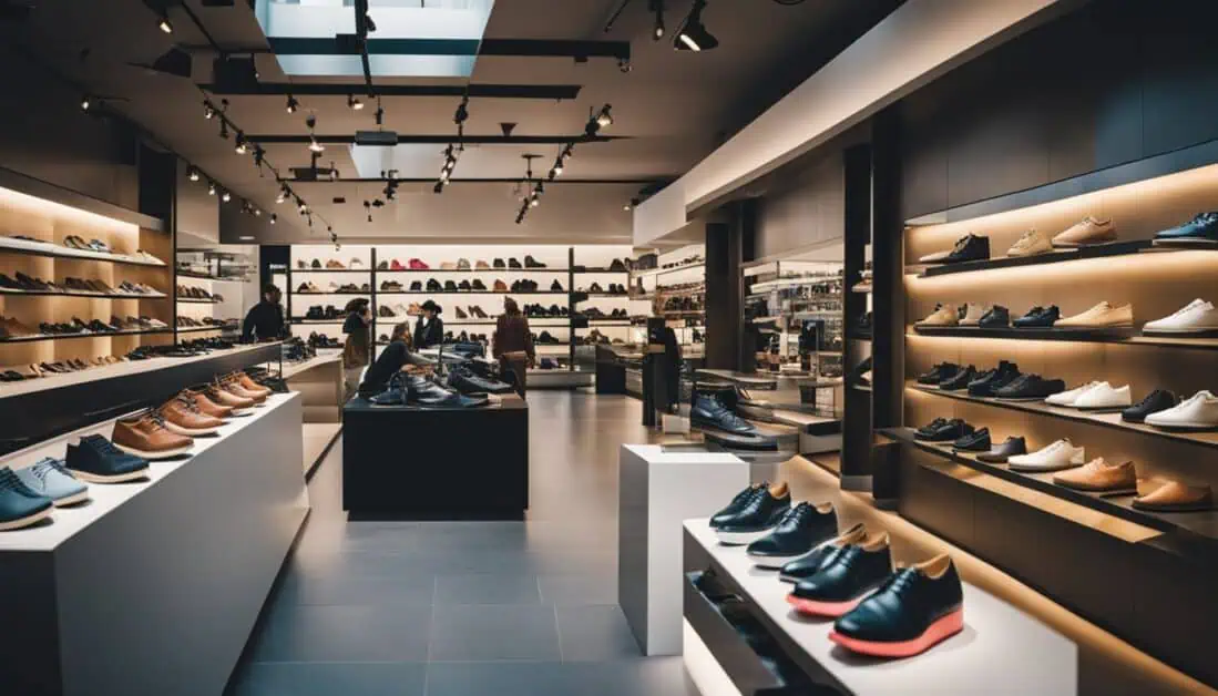 A vibrant shoe store in Singapore showcasing a diverse array of stylish footwear on display for customers.