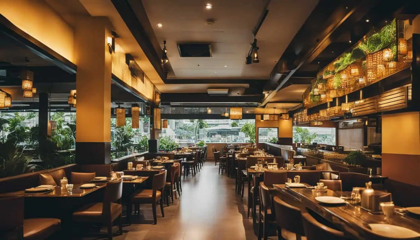 A bustling restaurant featuring tables and chairs, located in the heart of Best Siam Square Mookata, Singapore.