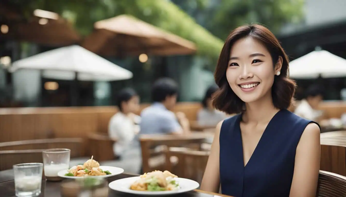 A woman enjoying a meal at a table, showcasing the vibrant dishes from the best Sichuan restaurants in Singapore.