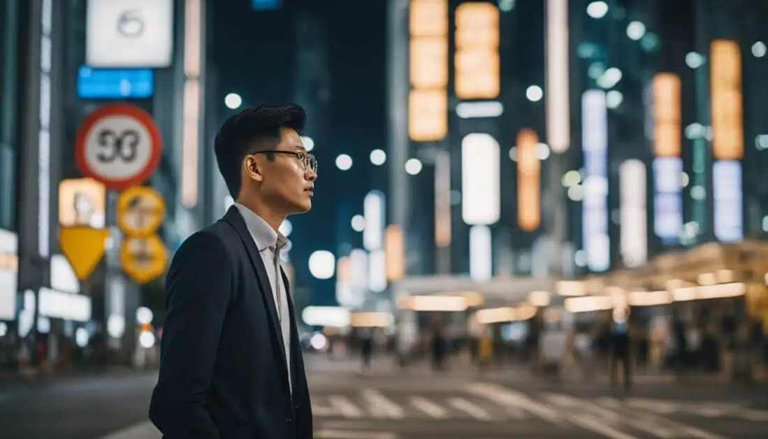 A night scene featuring an Asian businessman walking in the city, with bright street signs highlighting the best sign companies in Singapore.