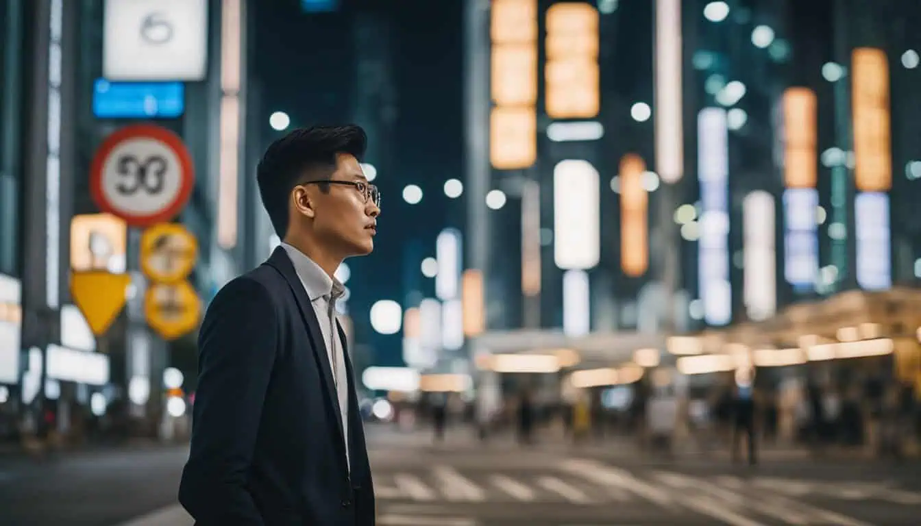 A night scene featuring an Asian businessman walking in the city, with bright street signs highlighting the best sign companies in Singapore.