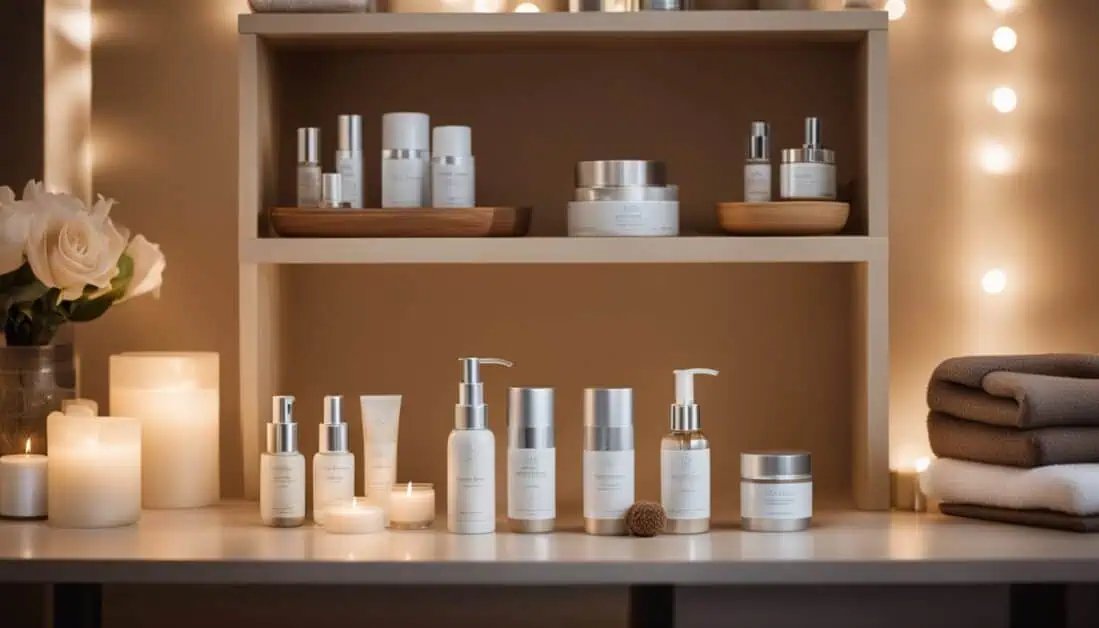 An organized shelf showcasing various skin care items and candles, emphasizing the leading skin specialist clinics in Singapore.