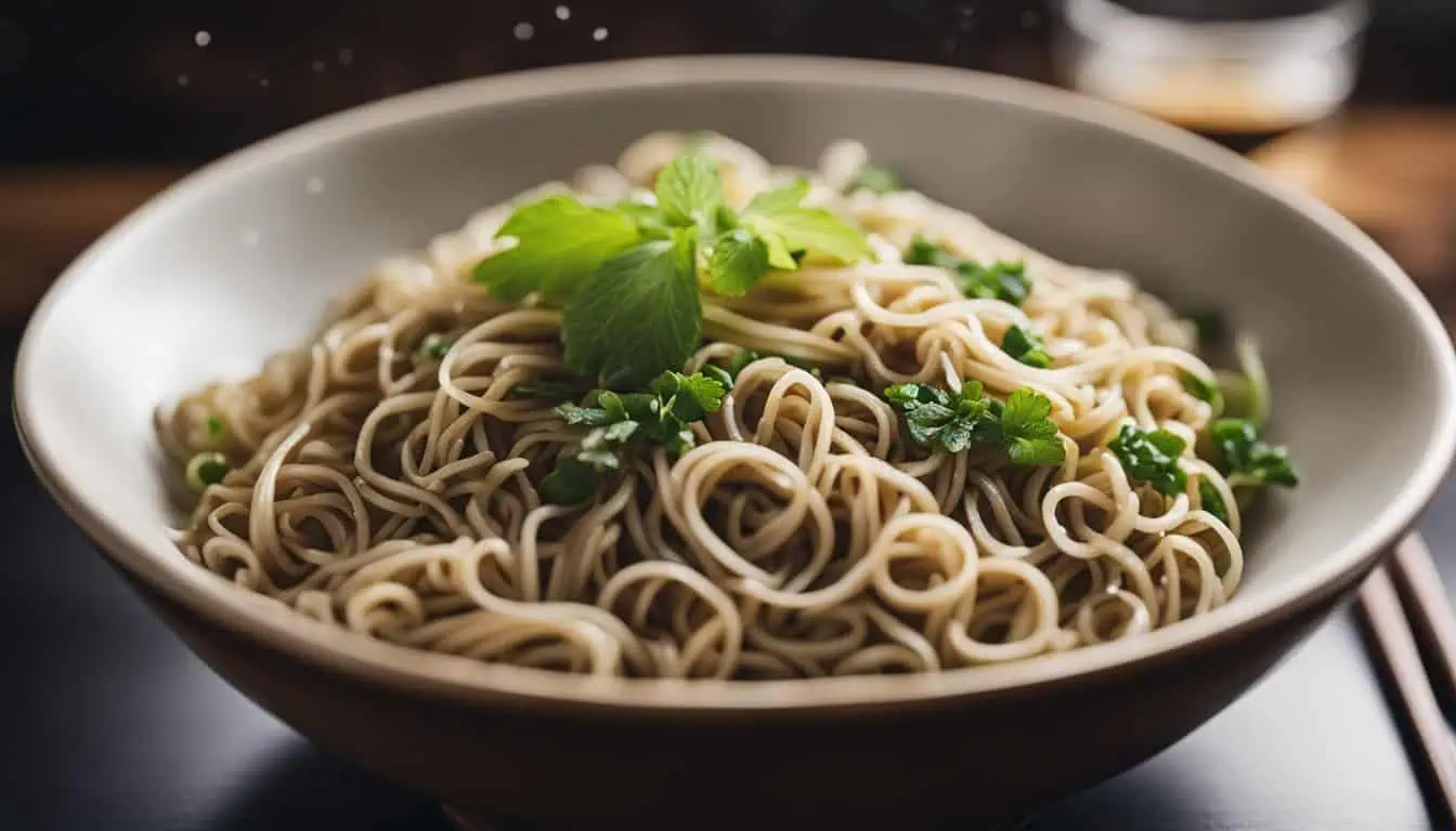A bowl of noodles garnished with fresh green herbs, placed on a table, representing the best soba restaurants in Singapore.