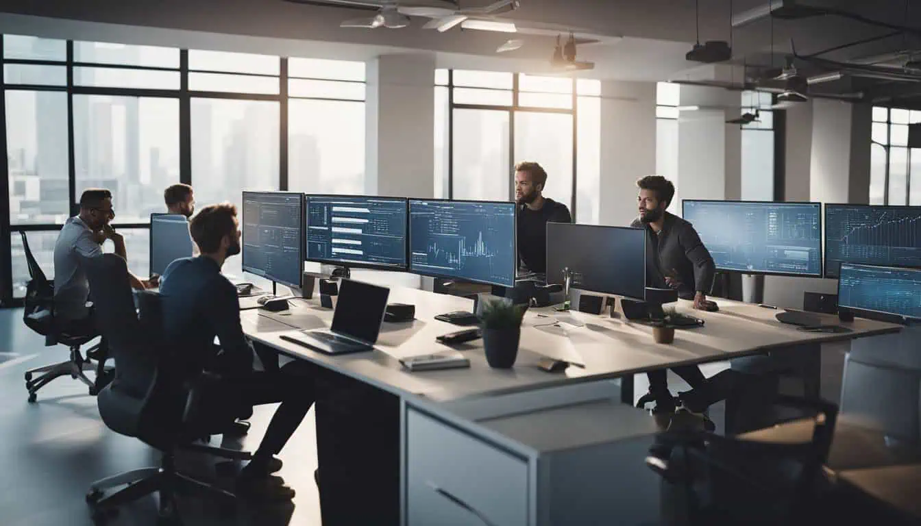 Office scene featuring professionals at desks with multiple monitors, representing top software companies in Singapore.