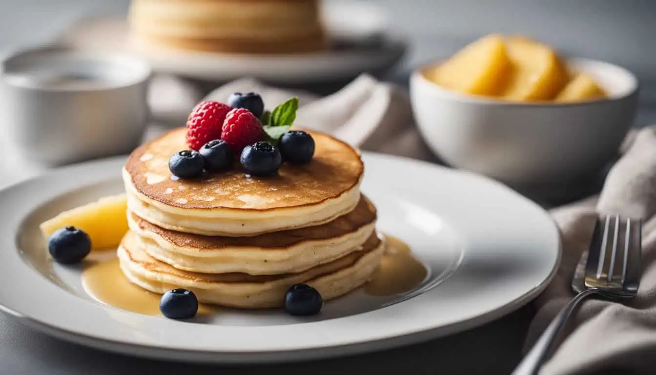 A stack of fluffy soufflé pancakes topped with fresh berries and assorted fruits, showcasing a delightful breakfast option in Singapore.