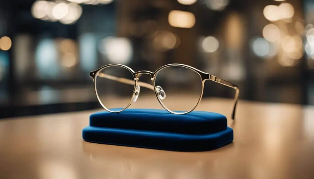 Gold eyeglasses resting elegantly on a blue velvet box, showcasing luxury and style in Singapore's top spectacle shops.