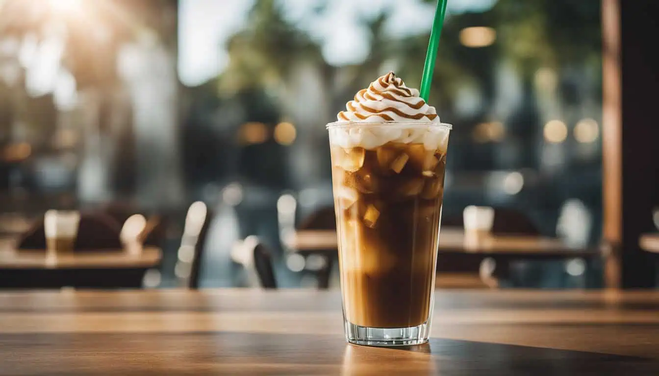 Iced coffee topped with whipped cream and a straw, showcasing a refreshing beverage from a top Starbucks location in Singapore.