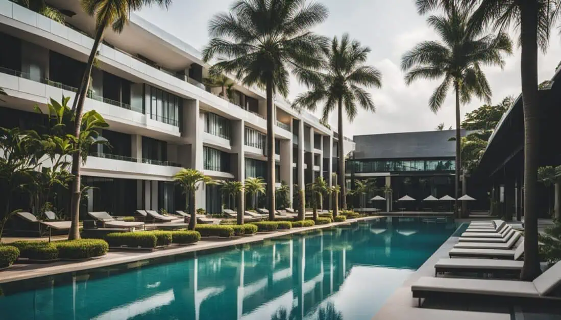 A serene poolside scene featuring a long pool, palm trees, and lounge chairs, perfect for a relaxing staycation.