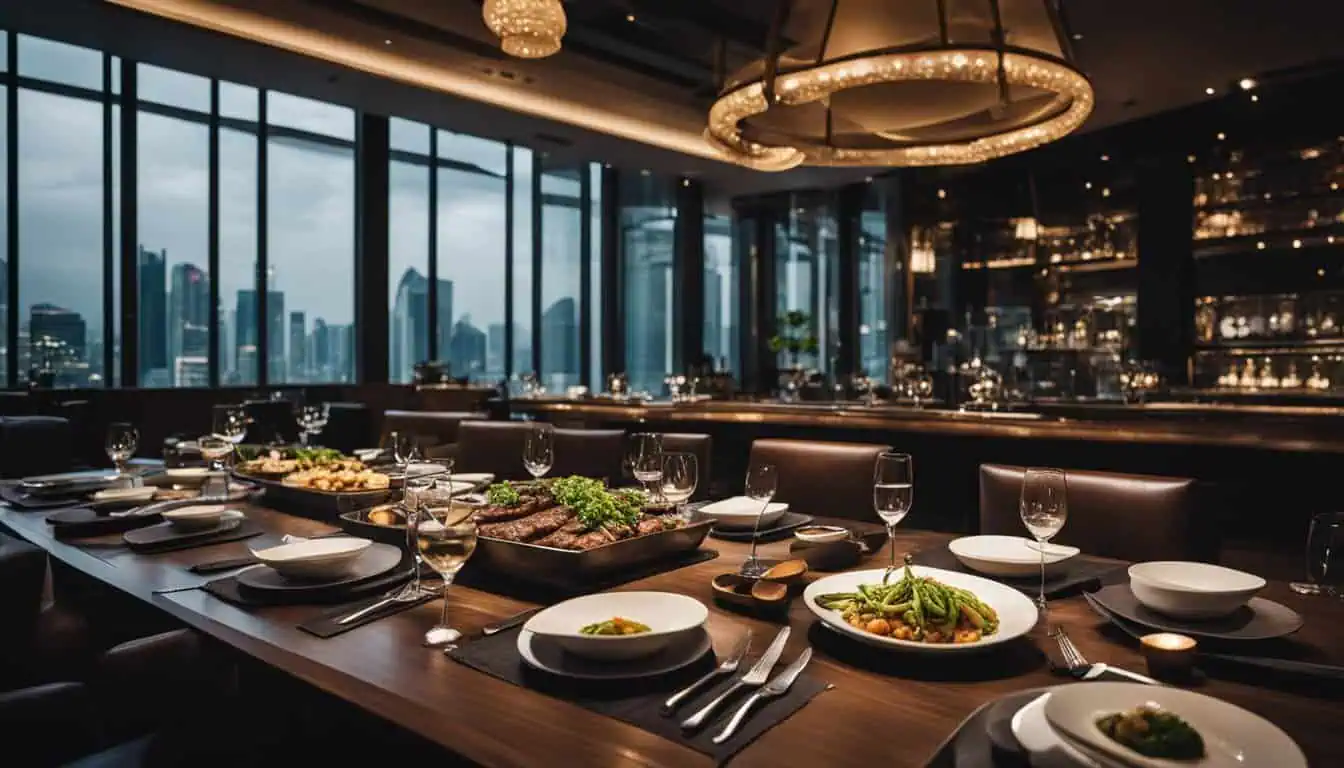 A beautifully set restaurant table featuring gourmet dishes and elegant wine glasses at Singapore's best steakhouse.