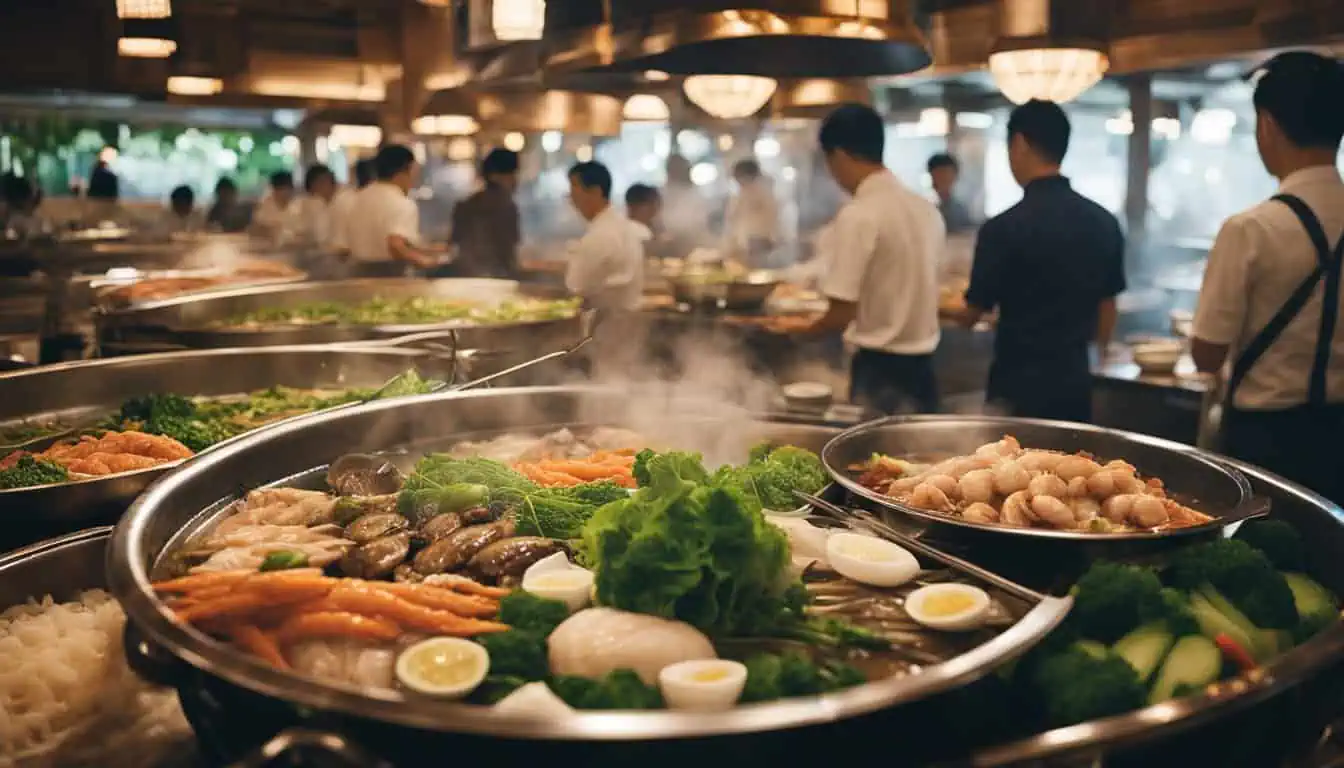 A bustling buffet scene featuring a variety of dishes, with numerous patrons enjoying their meals in the background.