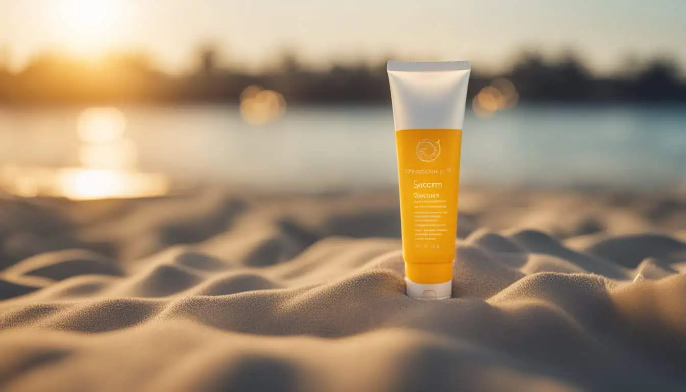 A tube of sunscreen resting on the sand, highlighting top sunscreen brands for the face in Singapore.