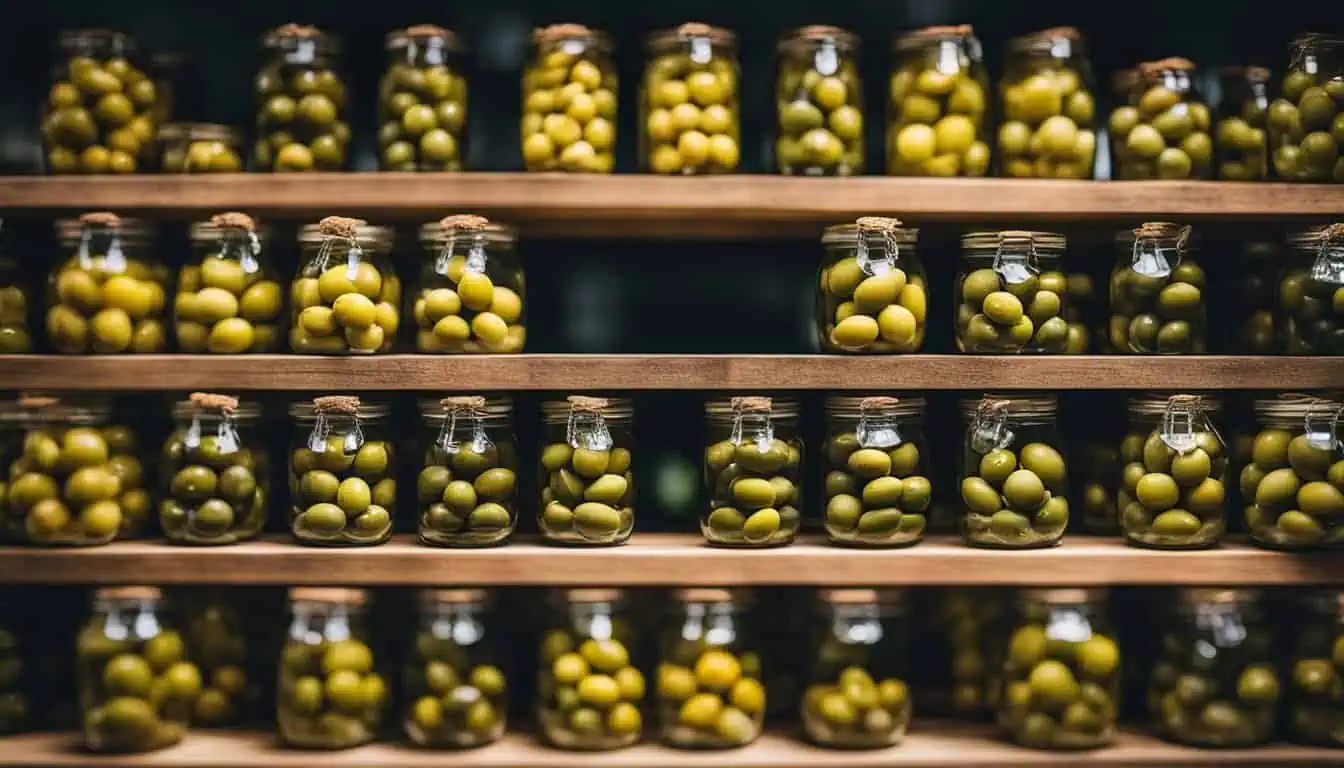 Shelves filled with an assortment of jars containing olives, highlighting the best options available in Singapore's supermarkets.