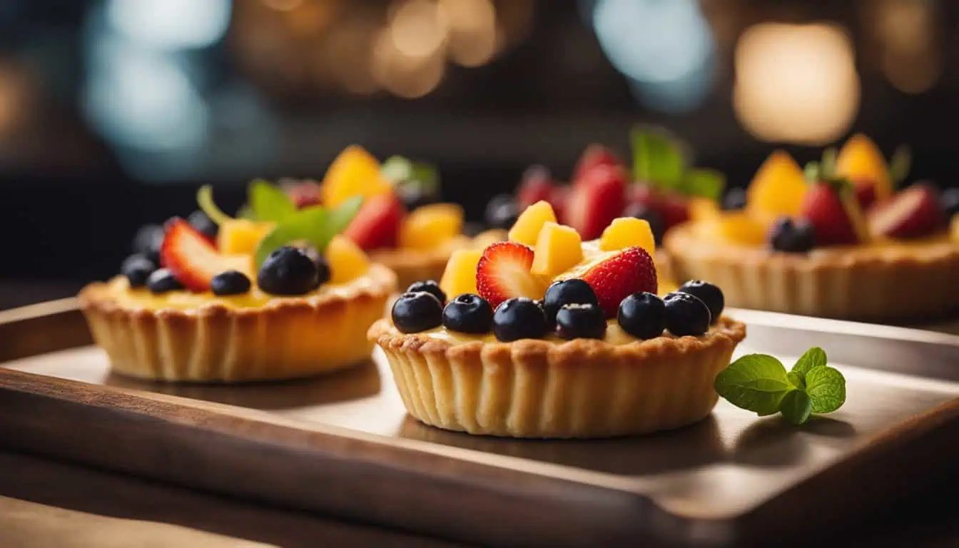 A small fruit tart topped with fresh berries and mint, elegantly presented on a wooden tray, showcasing Singapore's best bakeries.