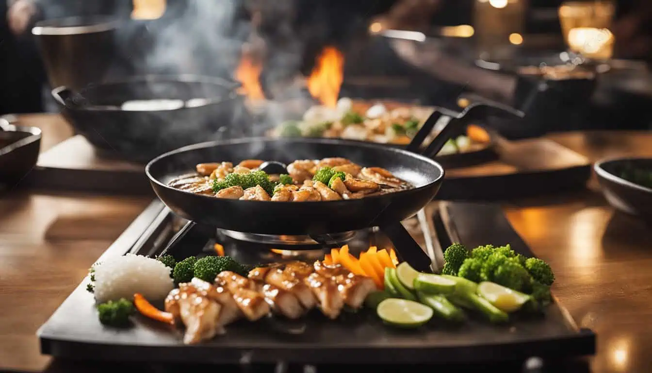 A table set with delicious food, with a warm fire glowing in the background, showcasing a teppanyaki dining experience.