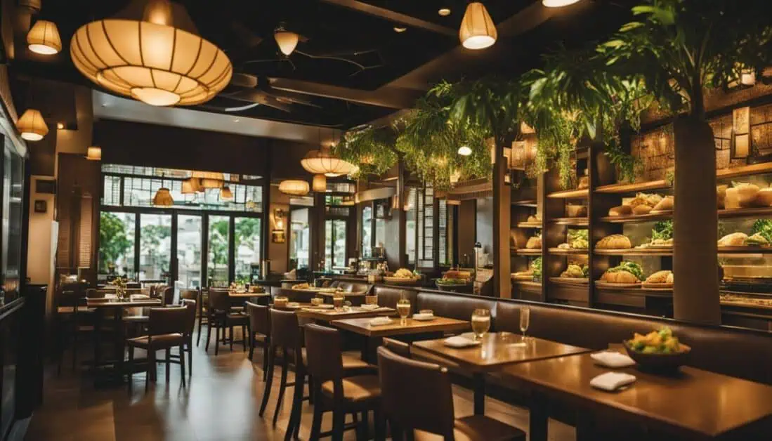 A cozy restaurant featuring wooden tables and chairs, showcasing the best Thai cuisine in Singapore.