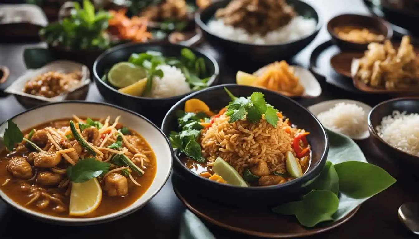 A variety of Thai food dishes beautifully arranged on a wooden table, showcasing the best Thai cuisine in Singapore.