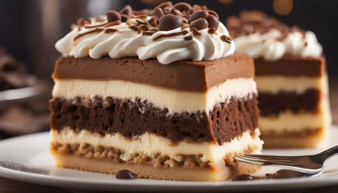 A Tiramisu topped with whipped cream and chocolate chips, showcasing a delightful dessert experience.