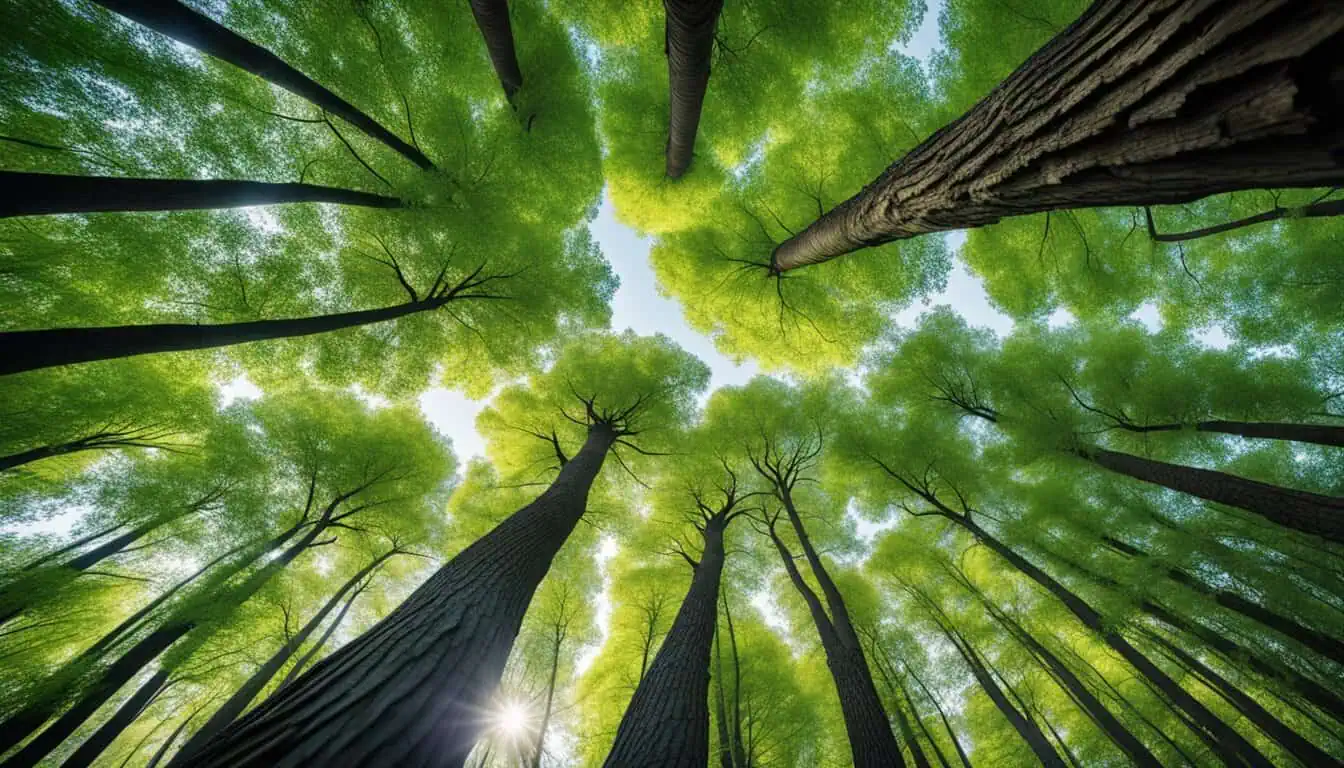 A captivating perspective of towering trees in a forest, illustrating the rich biodiversity found in Singapore's landscapes.