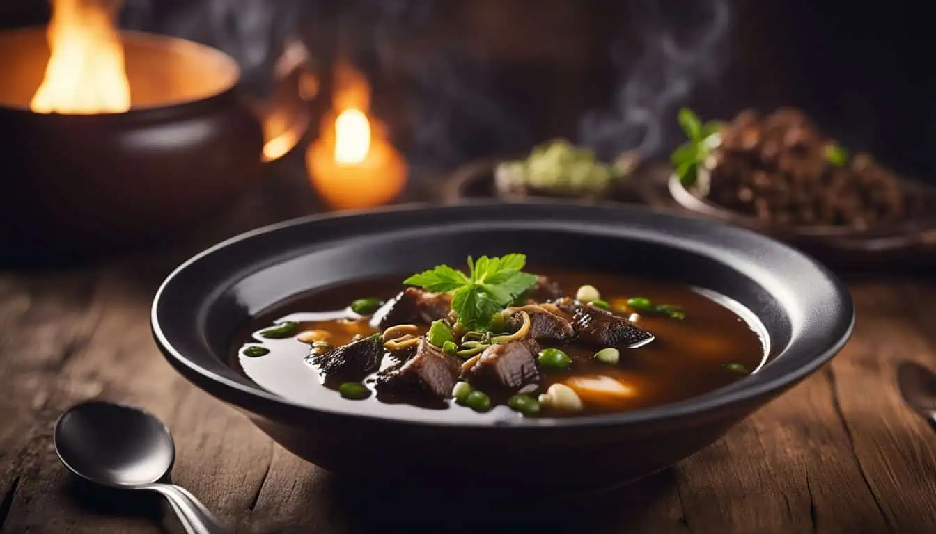 A delicious bowl of turtle soup featuring meat and vegetables, showcased on a table at a top restaurant in Singapore.