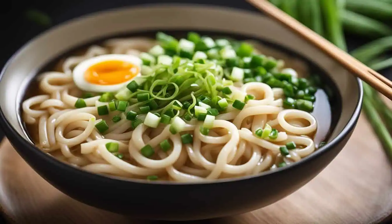 A bowl of noodles topped with egg and green onions, showcasing a delicious dish from the best udon restaurants in Singapore.