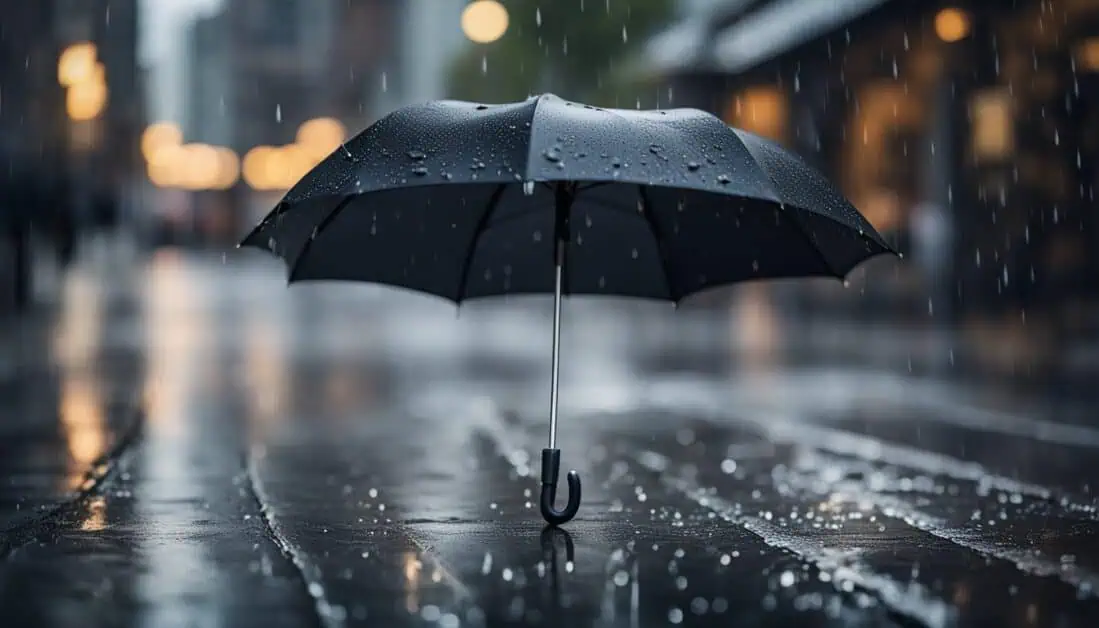 An umbrella stands resiliently in the rain on a wet street, showcasing the best umbrellas to buy in Singapore.